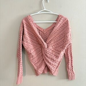 moon & madison Twist Back V-Neck Textured Knit Pink Sweater - Size Small EUC